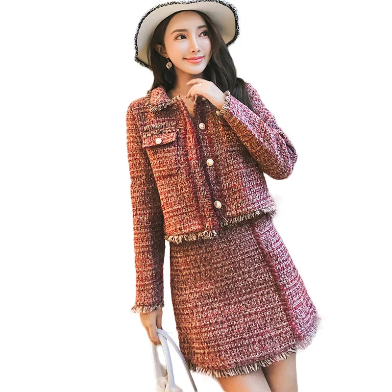 

High Quality Autumn Designer Tweed Woman Two Piece Set Long Sleeve Pocket Thick Jackets High Waist Mini Skirts 2 Piece Skirt Set