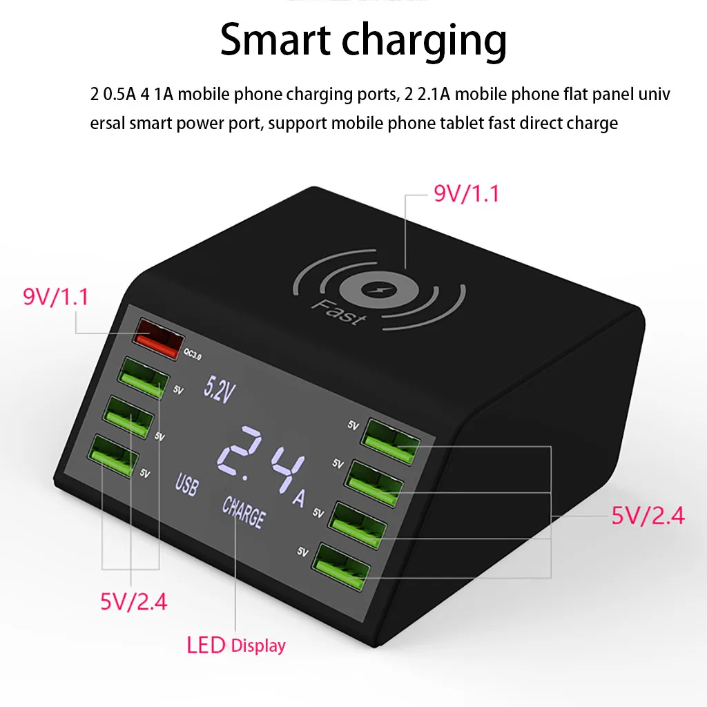 Зарядное устройство для телефона, универсальная умная зарядка, Displa, USB светодиодный дисплей, 8 портов, зарядная станция для смартфона, камеры, планшета, MP3 плеера