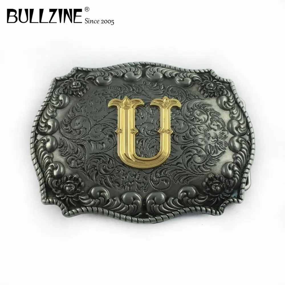 Пряжка ремня Bullzine с буквой U оловянной и золотистой отделкой FP-03687-U подходит для