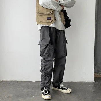 

2020 Spring And Autumn New Solid Color Large Pockets Waist Overalls Fashion Casual Loose Waist Pants Gray / Black M-2XL