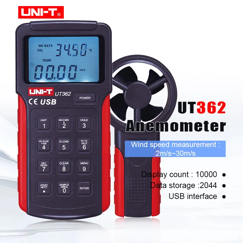 

UNI-T UT362 Anemometer Wind Speed Meter Tachometer Anemoscope can measure temperature/wind speed/wind count with USB interface