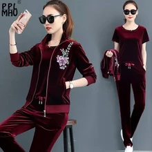 Mom's Casual Velvet Tracksuits 3 Piece Outfits Female Basic Zipper Embroidery Coat T-shirt And Pants Co Ord Set Women 2019 4XL Mom's Casual Velvet Tracksuits 3 Piece Outfits Female Basic Zipper Embroidery Coat T-shirt And Pants Co Ord Set Women 2019 4XL