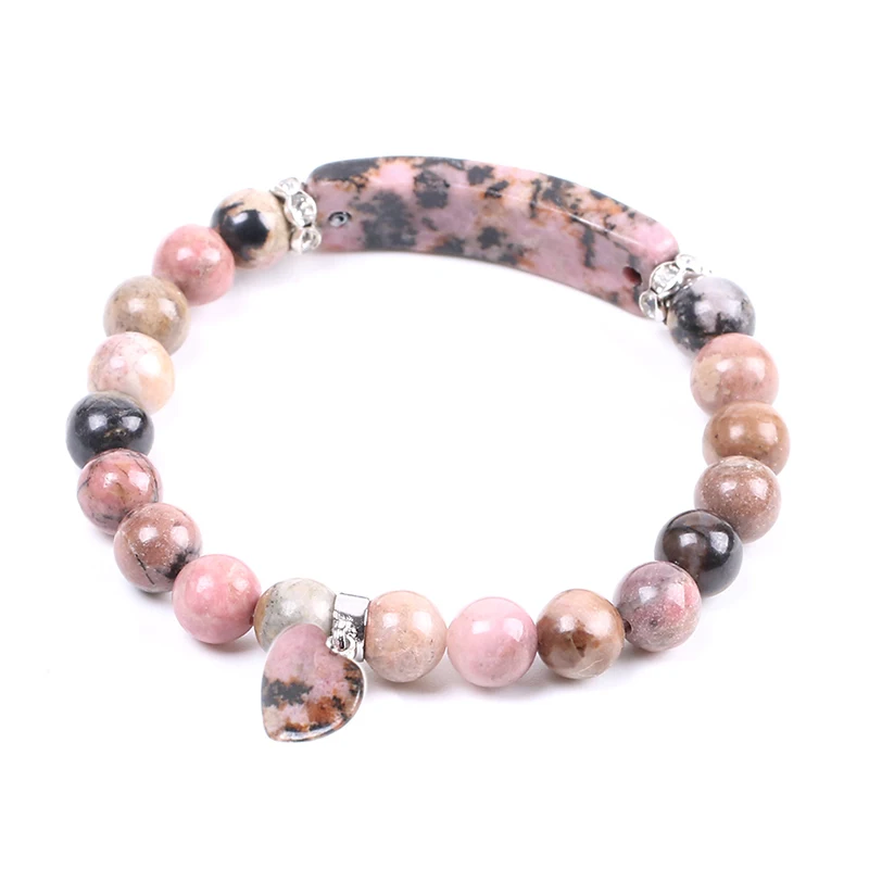 CSJA Pink Black Line Rhodonite Bracelet Natural Stone Beads Bracelets Round Crystal Quartz Heart Bangle Protective Energy F104
