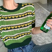 

2021 Spring Summer Short Sleeve Sweaters Women Vintage Stripe Green Heart Pattern Knitted Top Crop Knitwear Cute Ladies Jumpers