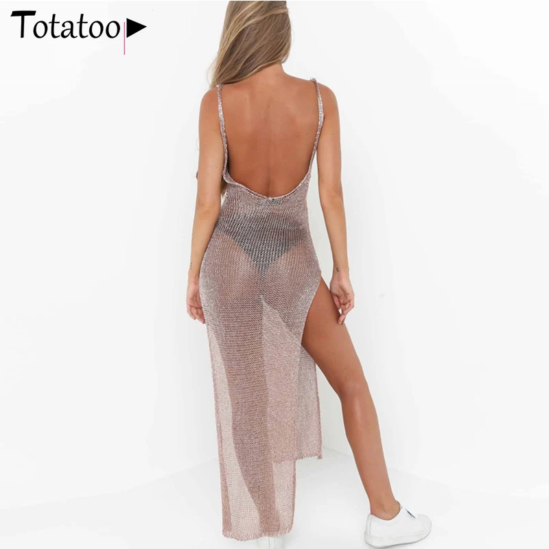 Totatoop Backless Sexy Knitted Dress Women 2021 Summer Long Sleeve Open Back See Through Beach Cover Mini Dress Femme Clubwear vintage clothing stores