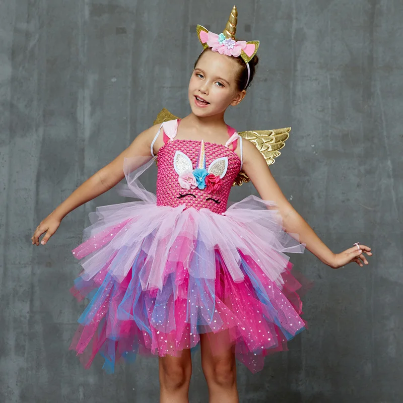 Glittery Unicorn Princess Pageant Flower Girl Tutu Dress Kids Party Costume with Headband and Wings Halloween Cosplay Girl Dresses (5)