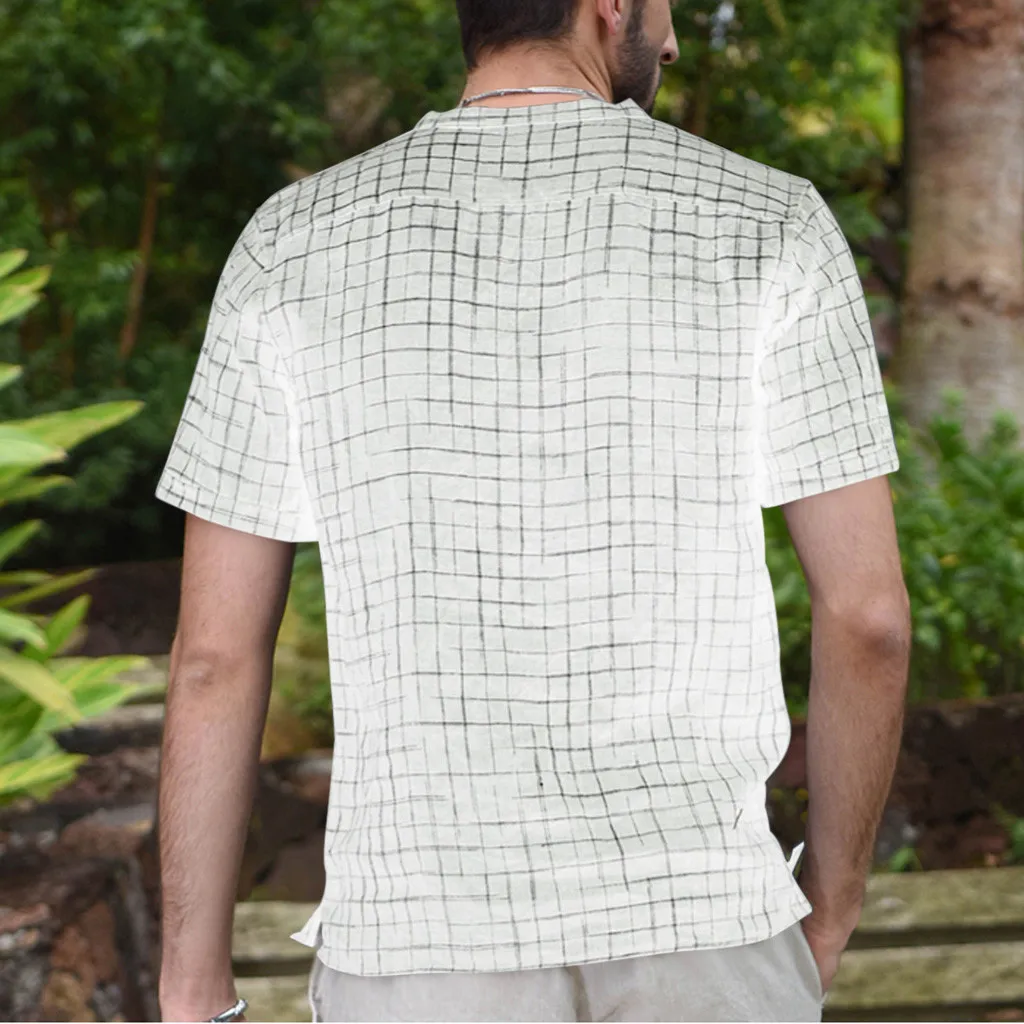 Camisa Masculina Для мужчин Винтаж Сращивание Кнопка плотный льняной пиджак короткий рукав Ретро Рубашки, Топы, блузки