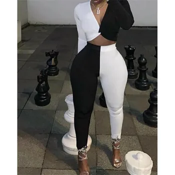 

Women 2Pcs Outfits White And Black Club Party Long Sleeve Tops Pants Color Patchwork Casual Clubwear Female Outfit Size S-2XL