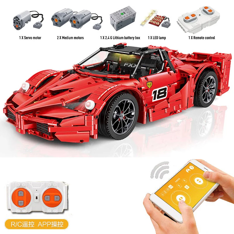 

13085 Motor Function Car The 1:8 Red FXX Racing Sport Car Set 2.4Ghz APP RC Car Model Kids Christmas Building Blocks Toys For Children