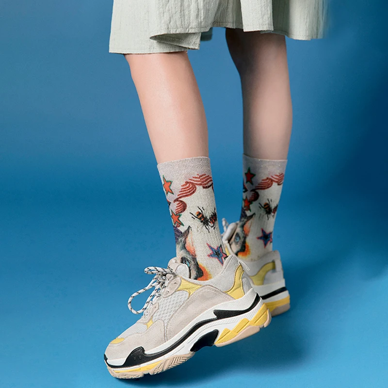 Модные Цветные нарисованные носки для женщин, хип-хоп смешные носки Харадзюку, уличная одежда, длинные носки, Calcetines Mujer