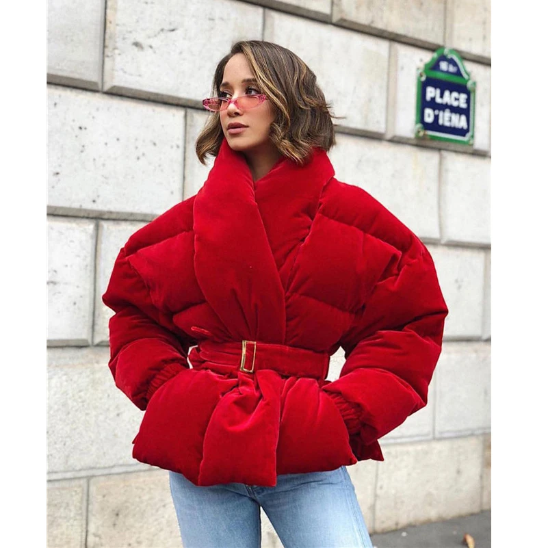 

2019 Velour Cotton Padded Coat Short Warm Jacket Winter High Quality Red Thick Belt Lace Up Women Clothing PIus Size