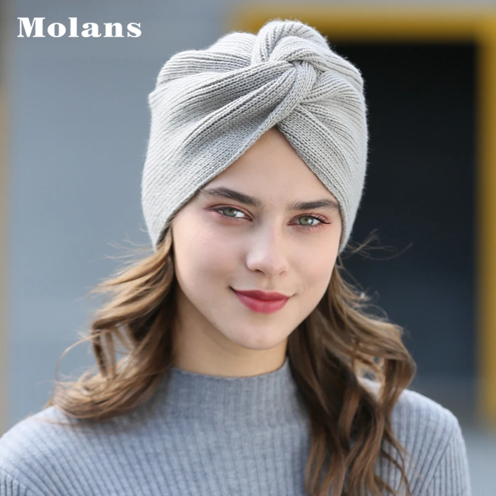 

MOLANS Knot Bandanas Turban Headband 2020 Autumn Winter Warm Knitting Turban Cap Solid Center Cross Women Fall Hair Scarfs