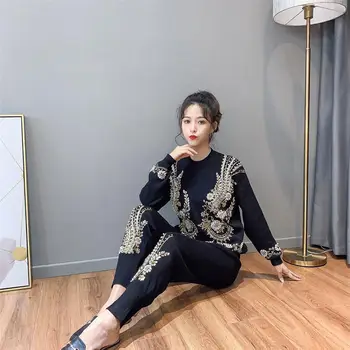 

2019 Winter Embroidery Sweater Long Sleeve Two Piece Set Top And Pants Knit Set Women Knitted Fall Outfit Autumn Korean