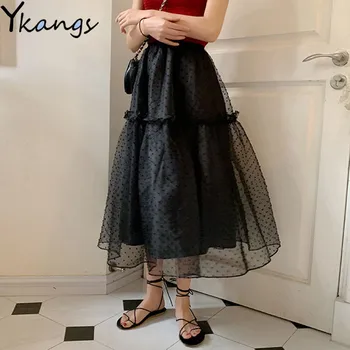 

Black lolita Polka dot Mesh Long Pleated Skirts Women Elascity High Waist Casual Loose Skirt Party Streetwear Jupe Femme Saias