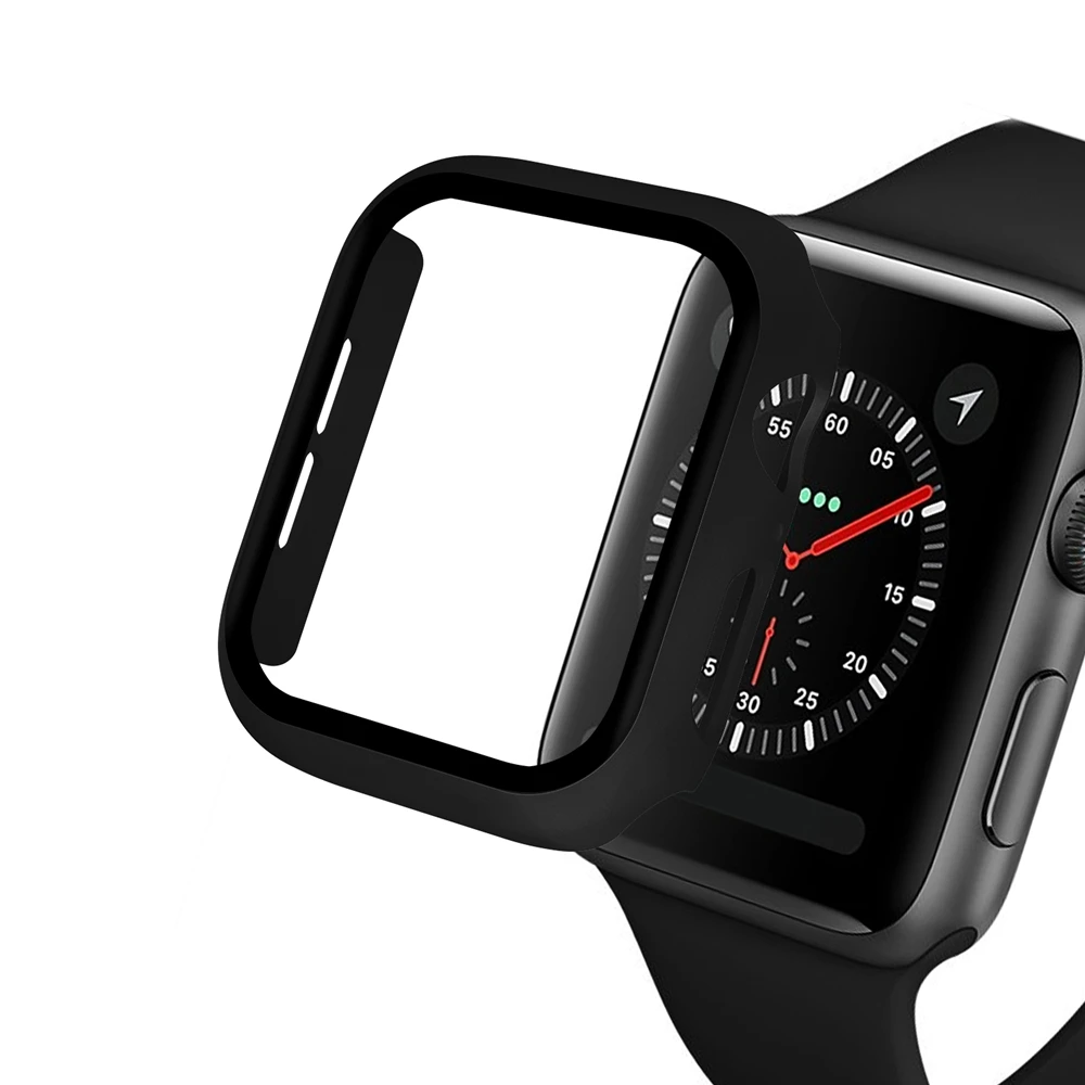 black Для Apple Watch 44 мм серия 5 Чехол со стеклянным экраном протектор ПК+ пуленепробиваемый полная защита бампер для iwatch 4 40 мм HD пленка - Цвет: black