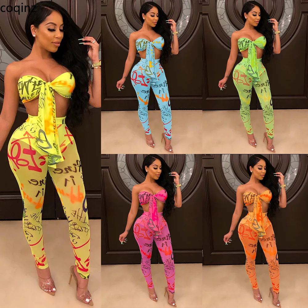 Plus Size Summer 2020 Two Piece Set Neon Crop Top And Pants Women 2 Matching Sets Club Outfits Ensemble Femme S3629 | Женская одежда