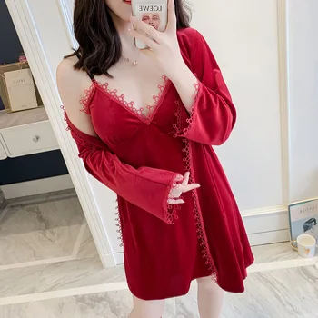 

Kimono Bathrobe Gown For Female Velvet 2PCS Robe Set Sleepwear Velour Home Dressing Gown Women Autumn Winter Sexy Nightgown