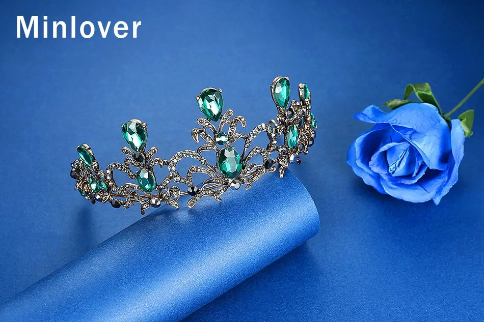 Minlover зеленый кристалл барокко невесты диадемы и короны для женщин Свадебные украшения волос аксессуары королева диадема, Корона повязка на голову
