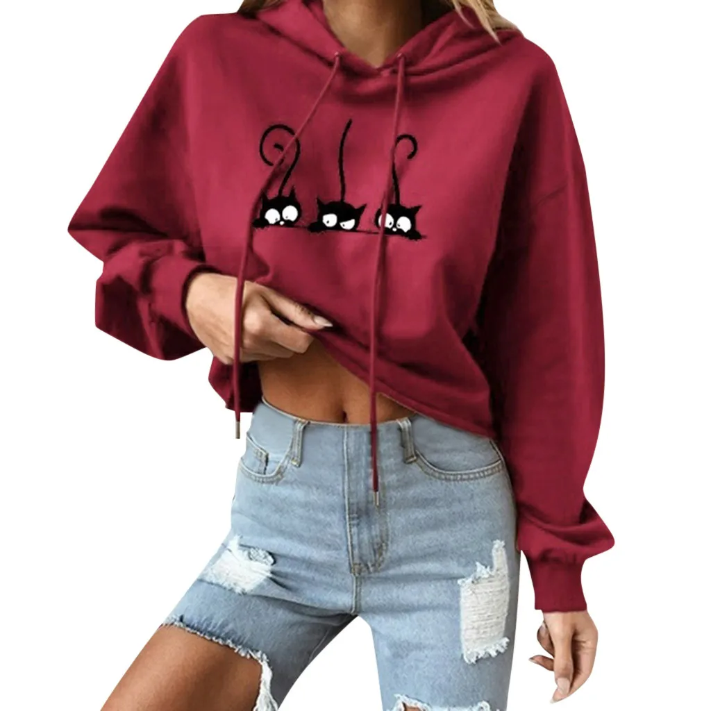 

Harajuku Cat Printed Cropped Hoodie For Women Autumn Long Sleeve Hooded Pullover Sweatshirt Streetwear Tops Jumper Outwear Hoody