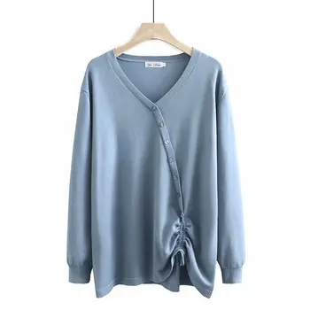 

Plus size solid black sky blue V neck women loose knitted sweaters 2021 new autumn casual ladies thin pullovers sweater tops