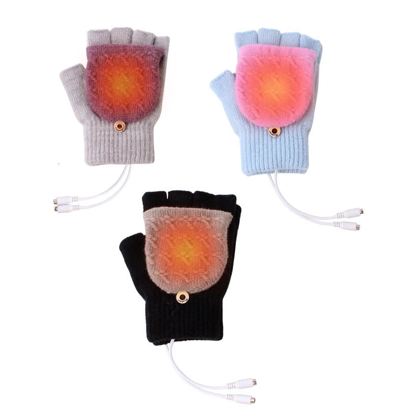 USB Heated Gloves Wool Knit Thickened Stretch Half Finger Flip Cover Foldable Mittens Warm Battery Powered Heating Unisex Gloves