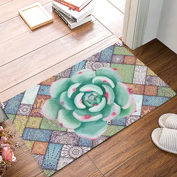 

Watercolor Green Tropical Succulent Mandala Pattern Door Mats Kitchen Floor Bath Entrance Rug Mat Rubber Non Slip