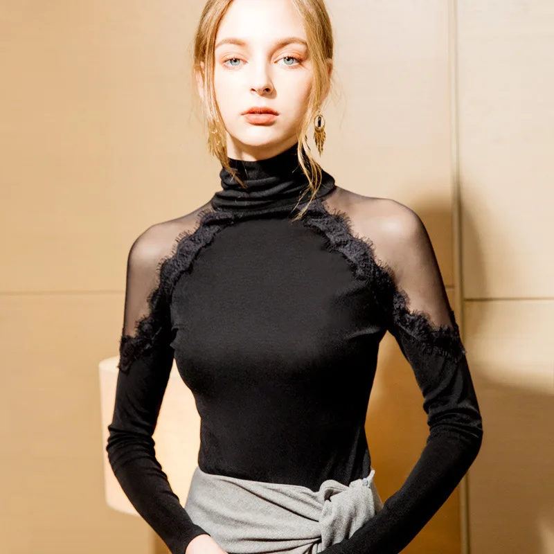 

Womens Tops En Blouses Hoge Hals Plus Fluwelen Slim Splice Zwart Sexy Kant Lange Mouw Strapless Chiffon Dieptepunt Shirt PJ362