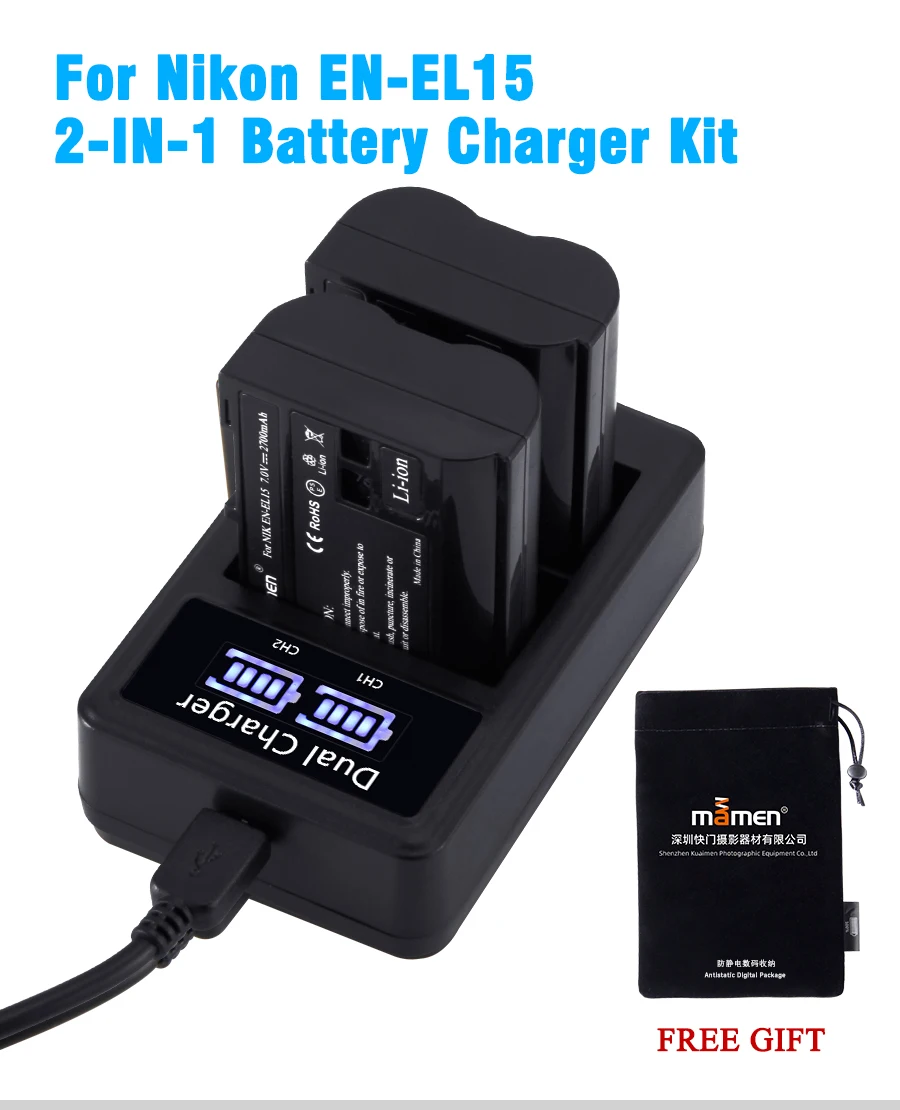 2 шт. EN-EL15 RU EL15 ENEL15 EL15A цифровой Камера Батарея+ ЖК-дисплей USB Dual Зарядное устройство для Nikon D810 D7000 d750 V1 D610 D600E D800E