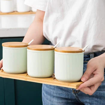 

Color Glaze Ceramic Seasoning Jar Combination Set Three-Piece Kitchen Seasoning Box Wooden Tray (Green)