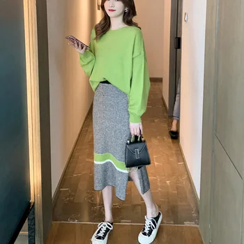 

Autumn Maternity Nursing Suits Breastfeeding Sweater+Side Split Knitting Skirts Twinset Postpartum Women Lactation Clothing Set