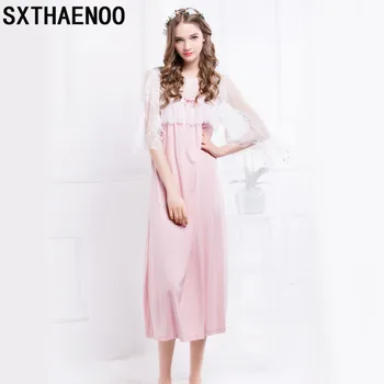 

SXTHAENOO Vintage Princess Pink Cotton Long Nightgowns For Women Sexy Half Sleeve Night Shirt Loose Lace Nightdress Plus Size