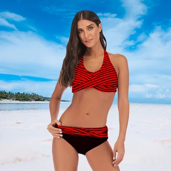 

Women Swimwear Set Sexy Halter Neck Striped Print Female Bikini Summer Beach Low Waist Women Bathingsuit Swimsuit Mujer Biquinis