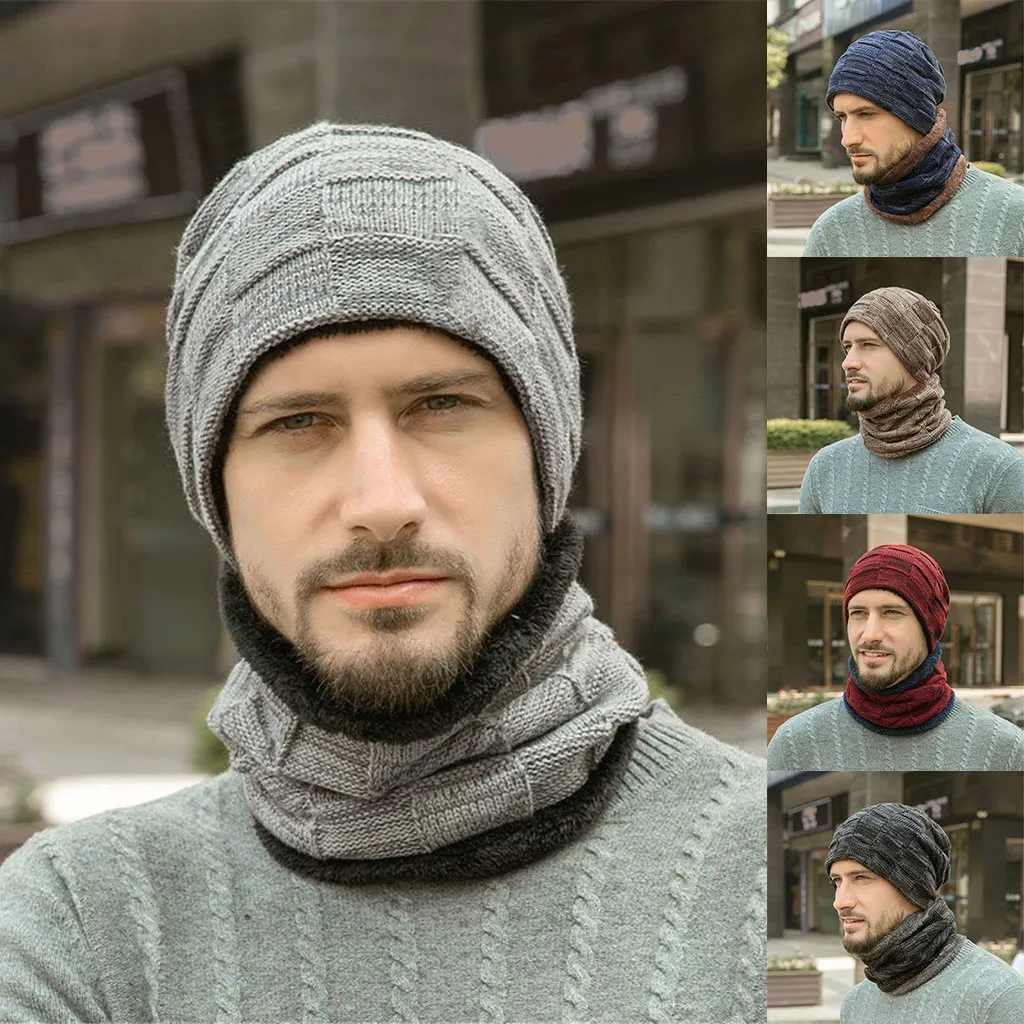 Зимние шапки бини для женщин мужчин унисекс вязаная мужская женская шапка Зима Осень шапочка-шарф воротник набор Gorros Mujer Invierno
