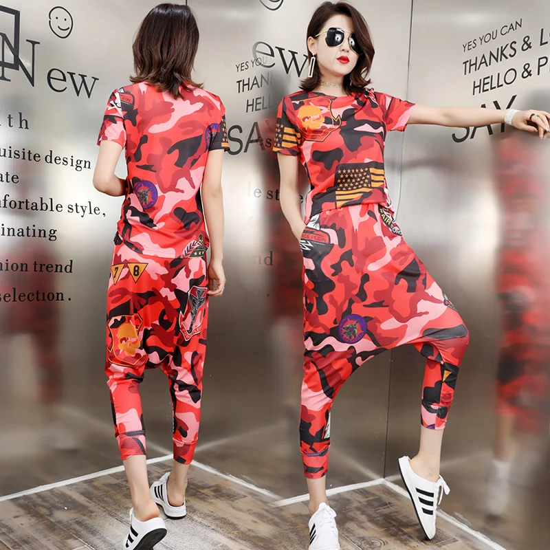 

Fashion Women Sweatshirt Set 2021 Summer Clothes Loose Short Sleeved Tops Streetwear Ship-hop Baggy Pants Female Two-piece Suit