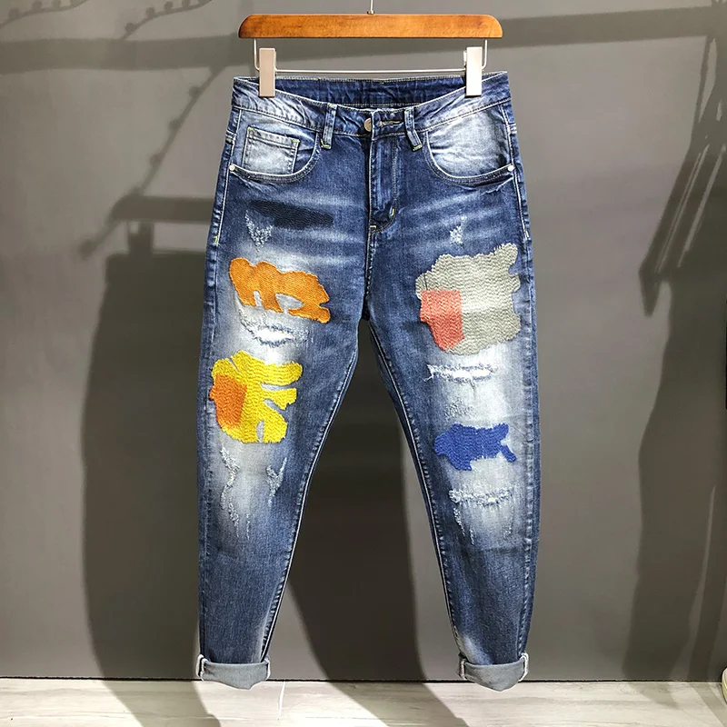 

Fashion Streetwear Men Jeans Slim Fit Blue Color Elastic Ripped Jeans Men Personality Patches Designer Pants Hip Hop Jeans Homme