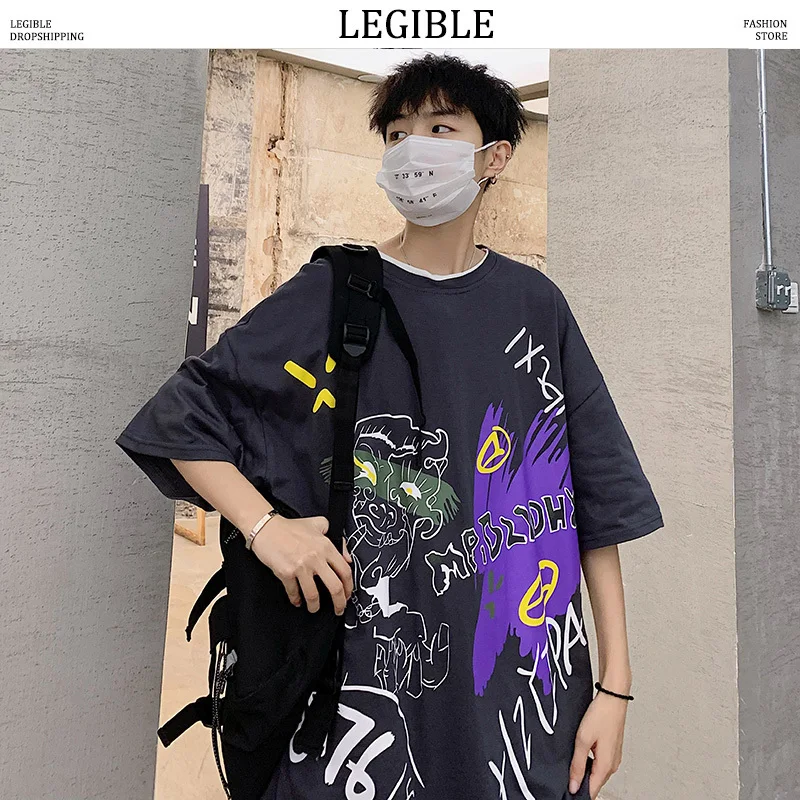 

LEGIBLE Harajuku Hip Hop T-Shirts Men Cartoon Printed Streetwear 2020 Mens Loose Casual Short Sleeve Tops Tees Male Oversize