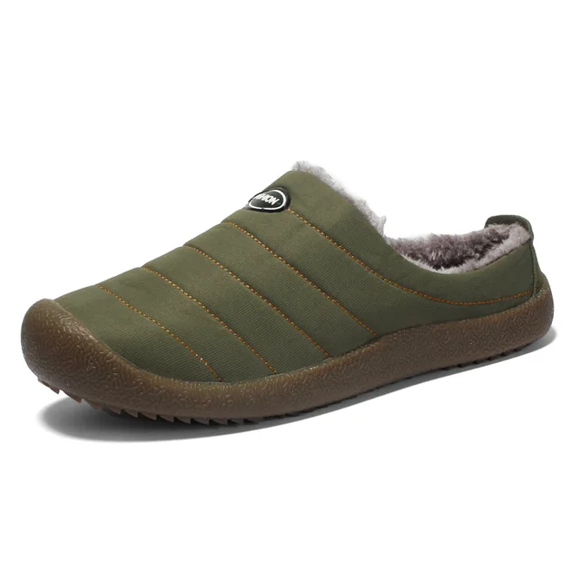 New Men's Slippers Indoor Warm Shoes Plush Flock Male Slippers For Home Hard-wearing Non-slip Outdoor Walking Mans Footwear Green