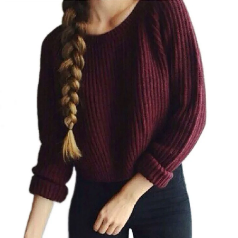 Осенне-зимний пуловер, свитера для женщин, модный однотонный вязаный свитер с круглым вырезом и длинным рукавом, Повседневные свитера с разрезом
