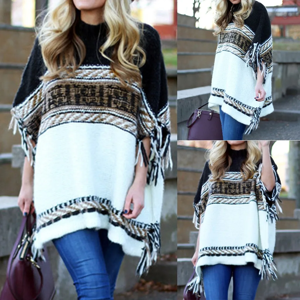 Womens Three Quarter Sleeve Stripe Color Block Tassel Sweater Knitted Cloak Tops Suitable For Every Occasion | Женская одежда