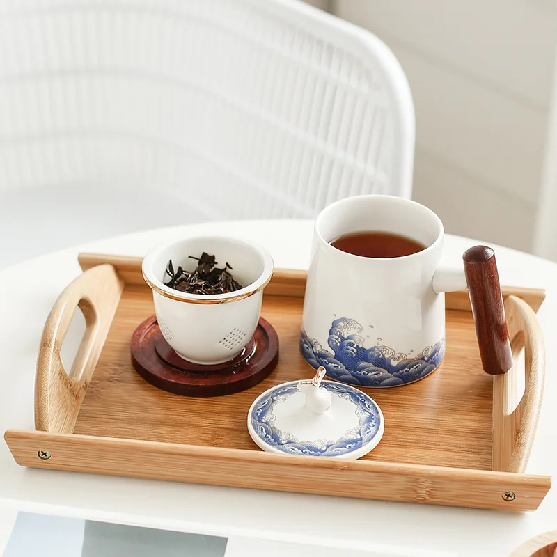 Creative Wooden Handle Water Cup Ceramic Office Cup Gift Cup Enamel Color Office Cup Tea Separation Filter Cup