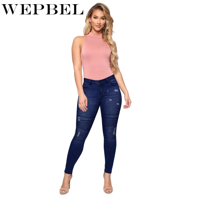 

WEPBEL Women's Fashion Ripped Washed Vintage Mid-Waist Pencil Jeans Autumn and Winter Casual Solid Color Denim Trousers