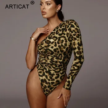 

Articat Leopard Print One Shoulder Sexy Bodysuit Women Autumn Tops Long Sleeve Skinny Rompers Womens Jumpsuit Casual Body Suit