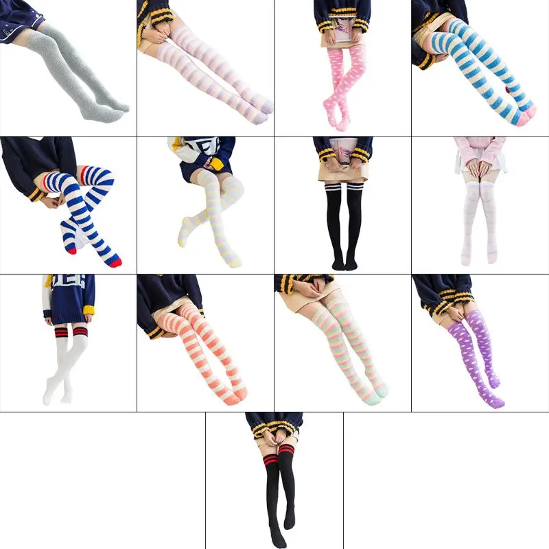 

Women Over Knee Fuzzy Long Socks Coral Velvet Thigh High Stockings Candy Color Stripes Fluffy Plush Winter Leg Warmers