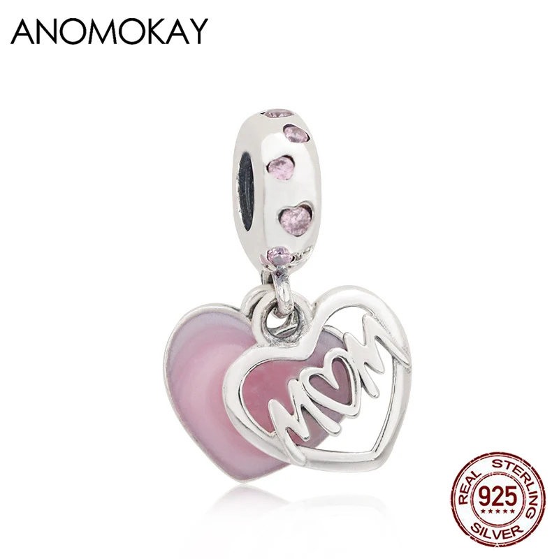 

Романтические новые розовые эмалевые подвески в форме сердца подходят для браслета ожерелье из настоящего серебра 925 пробы Любовь Мама бусина буква кулон подарок