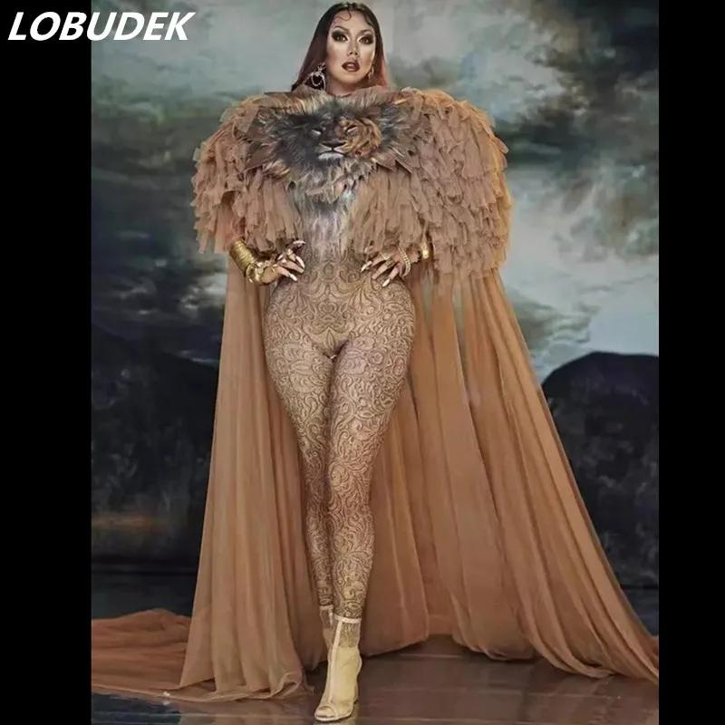 

Tiger Pattern Jumpsuit Meh Long Cloak Set Women Singer Sexy Stage Outfit Bar Dancer Cosplay Costume Model Catwalk Show Clothes