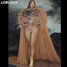 Комбинезон С Рисунком Тигра, комплект с длинным плащом для женщин, певица, сексуальная сценическая одежда, костюм для бара, танцора, маскарадный костюм, модельная одежда для подиума, шоу