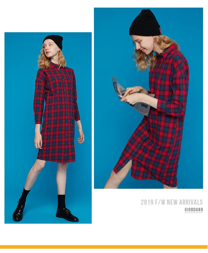 Giordano женское платье фланель хлопковая рубашка платье хлопок с двойным карманом, с закругленным краем, одежда повседневные роковой 13469810