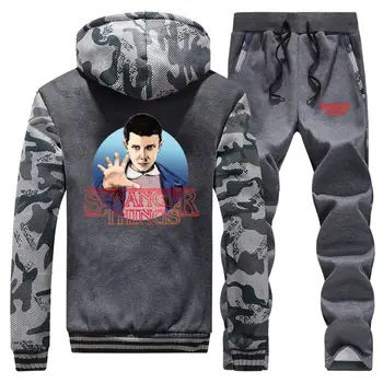 

men stranger things trend print Winter Men Fleece Warm Hoodies Sportpant handsome 2Pcs Sets Camouflage Tracksuits top pants suit