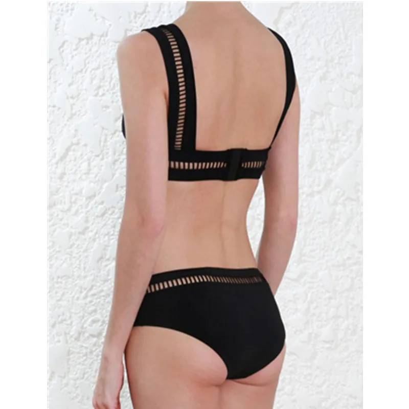 

2018 New Style Black And White with Pattern Sexy Deep V Hollow out Split Type Bikini Bathing Suit Women's Solid Color Swimwear B