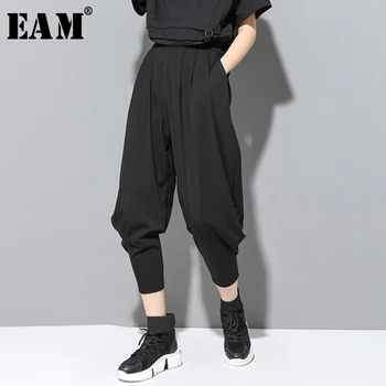 

[EAM] 2020 New Spring Autumn High Elastic Waist Loose Black Brief Pocket Leisure Harem Pants Women Trousers Fashion Tide JW074